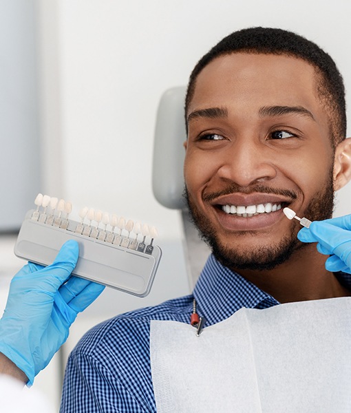 Man's smile compared with porcelain veneer shade chart