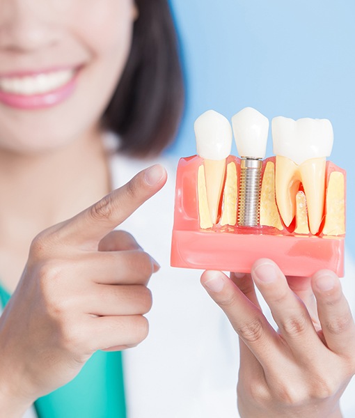 Dentist showing patient dental implant and natural tooth comparison model