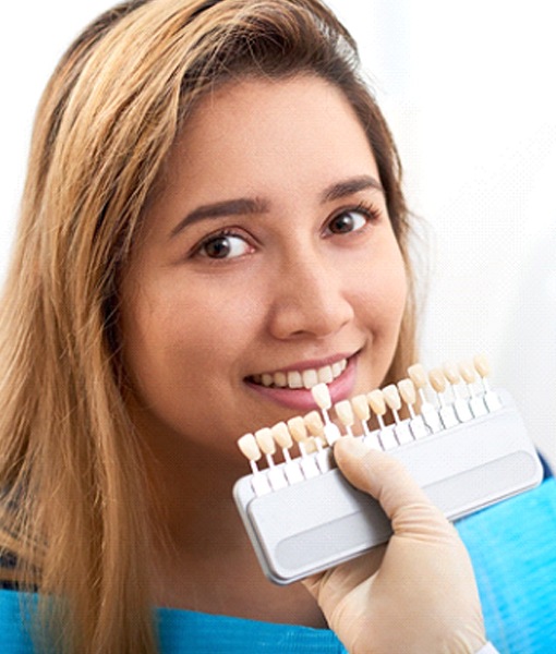 Dentist using shade guide as part of dental veneer process